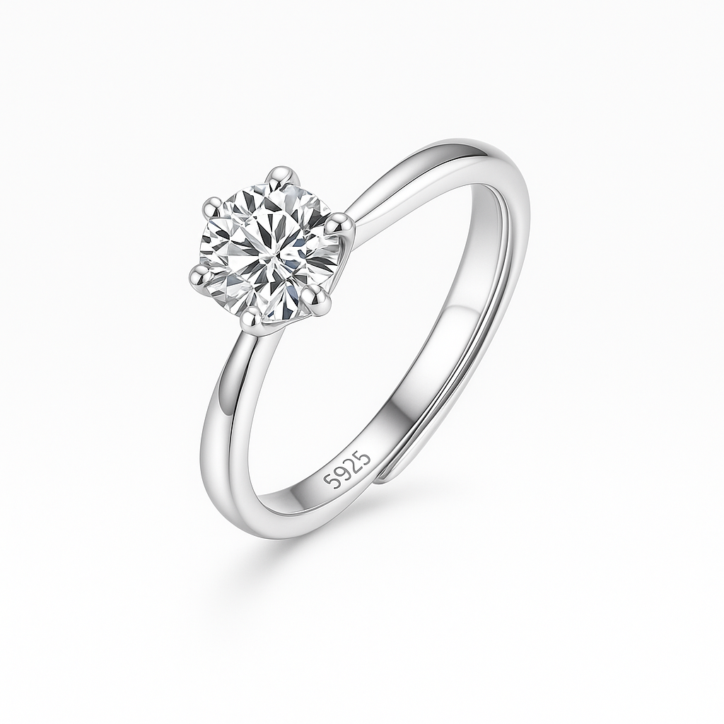 Shiny Elegance – Adjustable S925 Sterling Silver Ring with 6.5mm Cubic Zirconia Crystal
