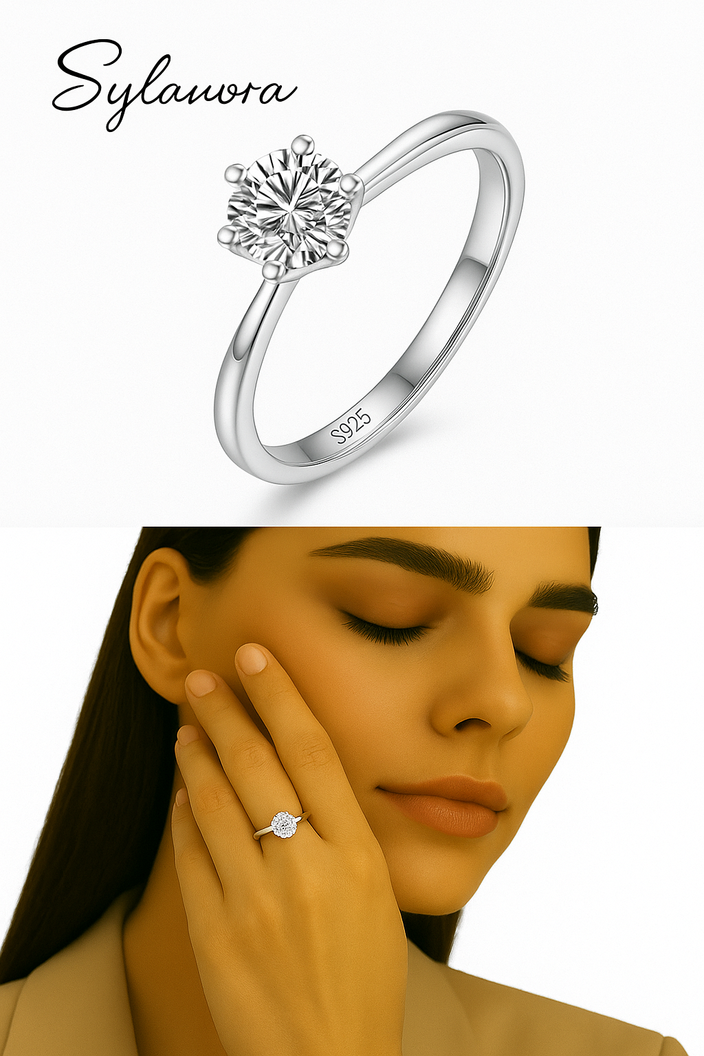 Shiny Elegance – Adjustable S925 Sterling Silver Ring with 6.5mm Cubic Zirconia Crystal
